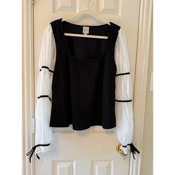 Maeve Anthropologie Black Top XL Sheer Puff Sleeve Tiered Romantic Blouse - Picture 2 of 8